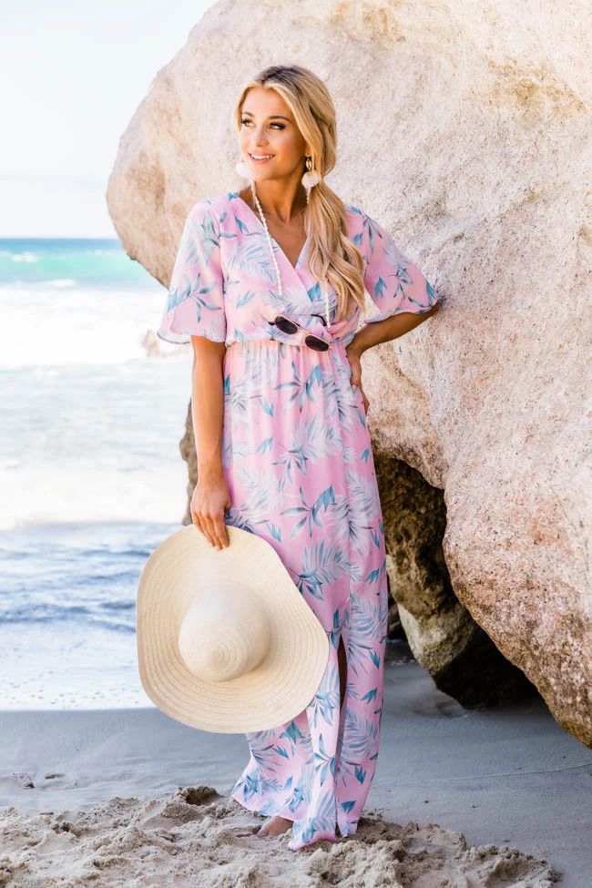 Under the Neon Palms Printed Wrap Maxi Blush Dress | The Pink Lily Boutique