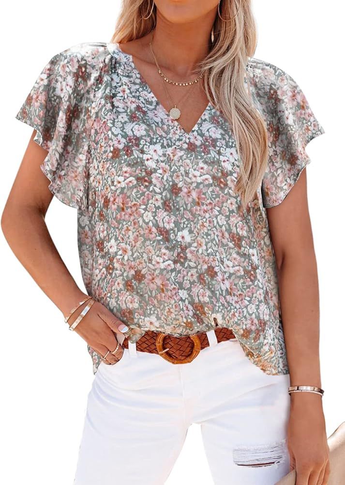 SHEWIN Womens Casual Boho Floral Print V Neck Long Sleeve Loose Blouses Shirts Tops | Amazon (US)