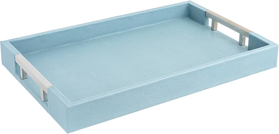 Modern Elegant 18"x12" Rectangle Baby Light Blue Glossy Shagreen Faux Leather Decorative Tray Ott... | Amazon (US)