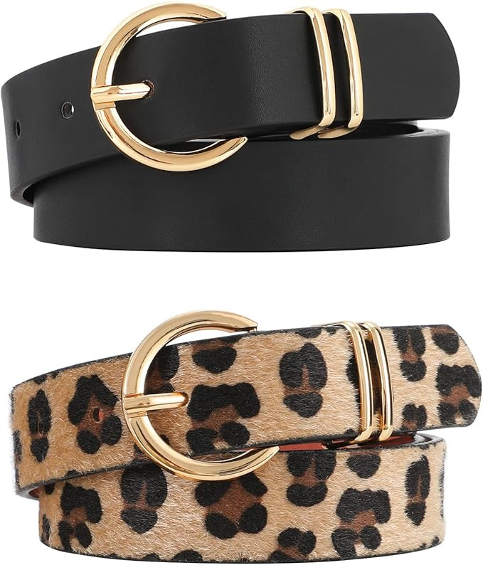 VONMELLI 2 Pack Women's Leather Belts for Jeans Dresses Fashion Gold Buckle Ladies Belt | Amazon (US)