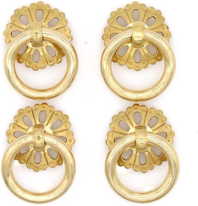 4 PCs Vintage Golden Ring Pulls with Hollowed-Out Dome Base - Pure Solid Brass Cabinet Hardware -... | Amazon (US)