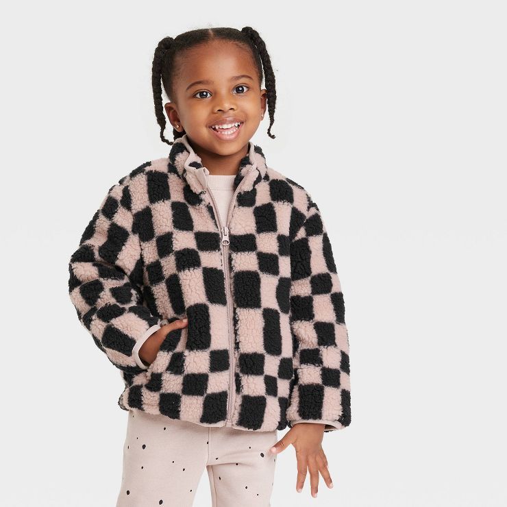 Toddler Girls' Checkered Fleece Zip-Up Jacket - Cat & Jack™ Black/Gray | Target