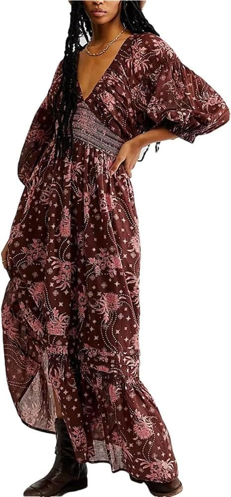 Boho Floral V-Neck Maxi Dress for Women Summer Spring Party Holiday Dress | Amazon (US)
