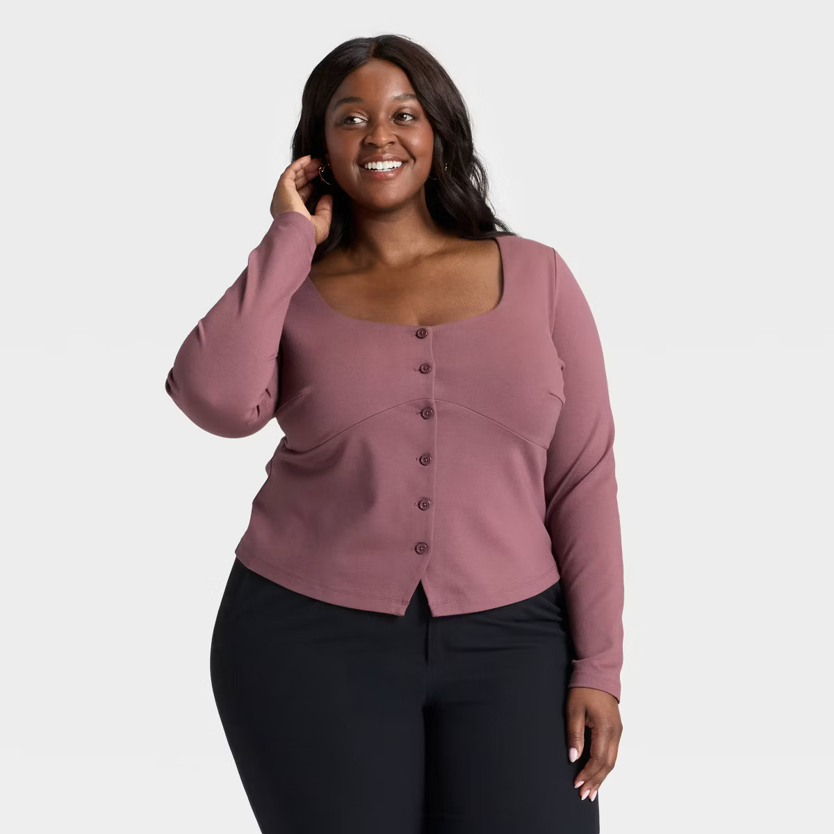 Women's Ponte Button Front Long Sleeve Top - A New Day™ Mauve 2X | Target