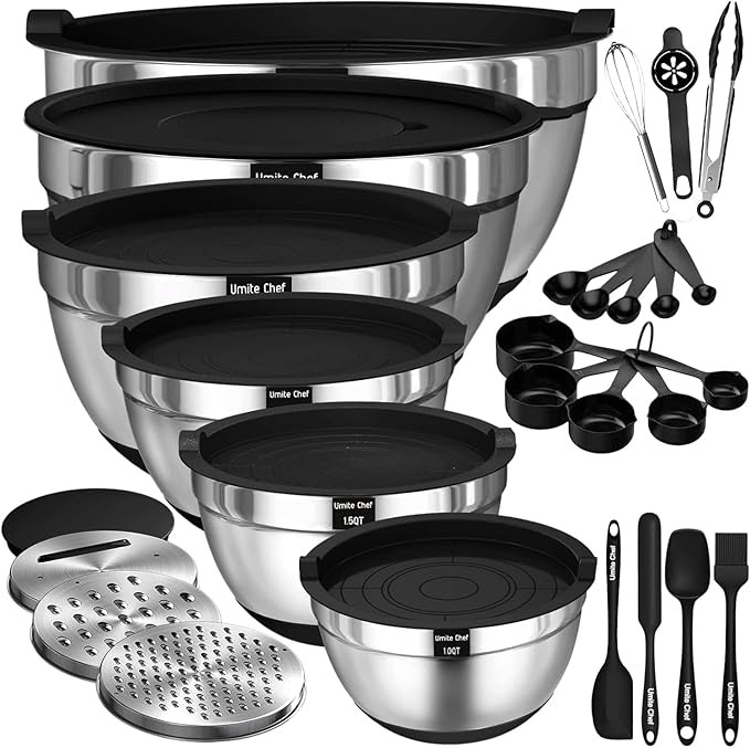Thickened Heavy-Duty 26pcs Stainless Steel Bowl, Mixing Bowl Set with Lid, Grater Attachment, Non... | Amazon (US)