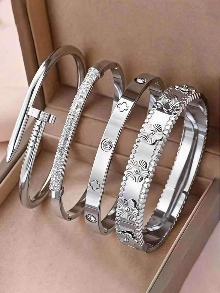 Znice 304 Stainless Steel Bracelet Set, Featuring Large Floral, Roman Numeral And Crystal Decor, Durable Waterproof Non-Fading Non-Allergic Jewelry, Suitable For Beach, Party, Daily Wear, Great Gift For Wife, Girlfriend, Mother's Day | SHEIN