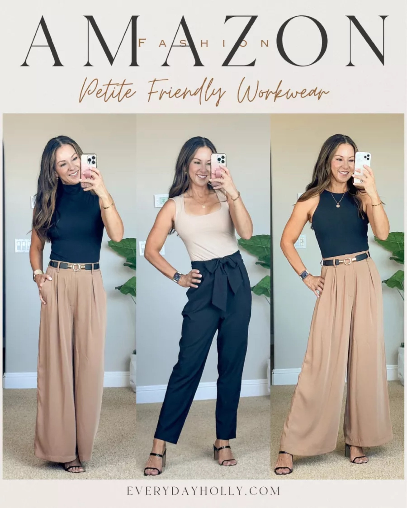 Petite friendly must have workwear staples. 3 trending style bodysuits size small - mock turtleneck, halter neck, square neck cap sleeve, all are buttery soft, smoothing with incredible compression! wide leg trousers, work pants high waist, elastic stretch belts, heels, mules 

#LTKover40 #LTKstyletip #LTKworkwear