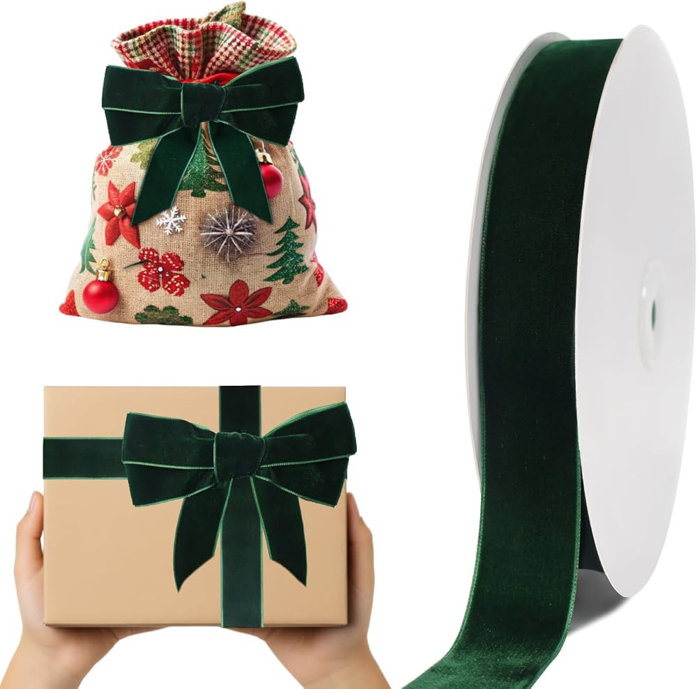Green Velvet Ribbon, Velvet Ribbon 1 Inch x 20 Yards Velvet Ribbon for Christmas Tree Velvet Chri... | Amazon (US)