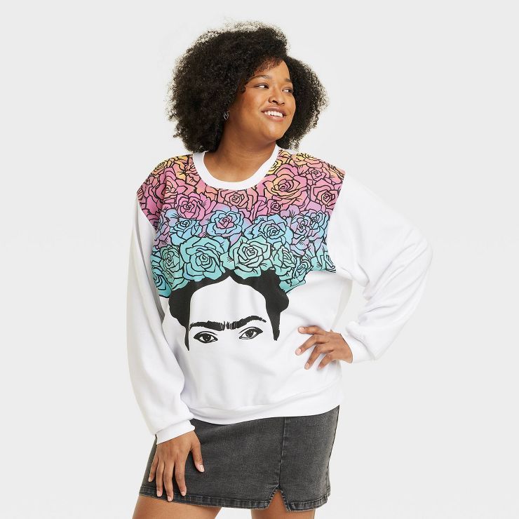 Women's Frida Kahlo Colorful Roses Graphic Sweatshirt - White | Target