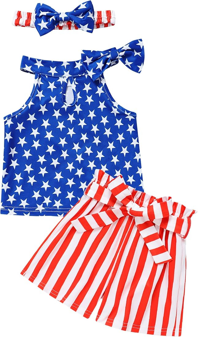 4th of July Toddler Girl Outfit American Flag Top Striped Shorts with Waistband Clothes Set for 1... | Amazon (US)