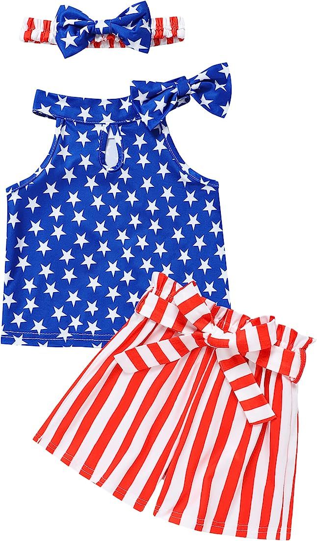 4th of July Toddler Girl Outfit American Flag Top Striped Shorts with Waistband Clothes Set for 1... | Amazon (US)