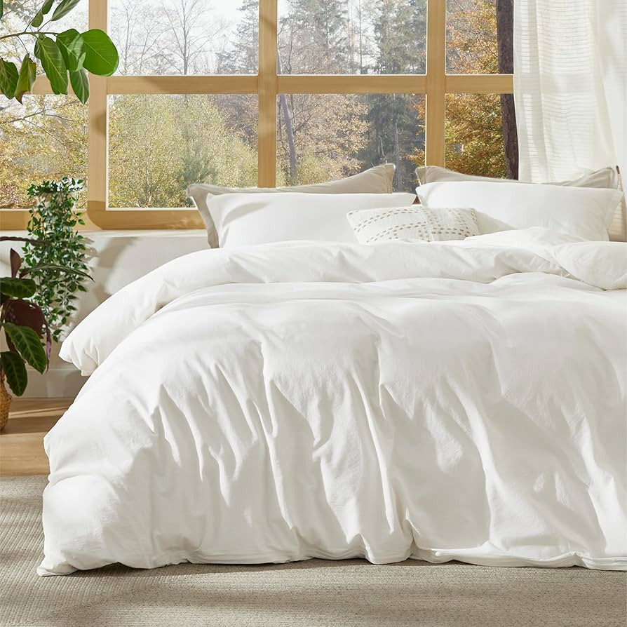 Bedsure 100% Stone Washed Cotton Duvet Cover Queen Size - White Minimalist Cotton Duvet Cover Lin... | Amazon (US)