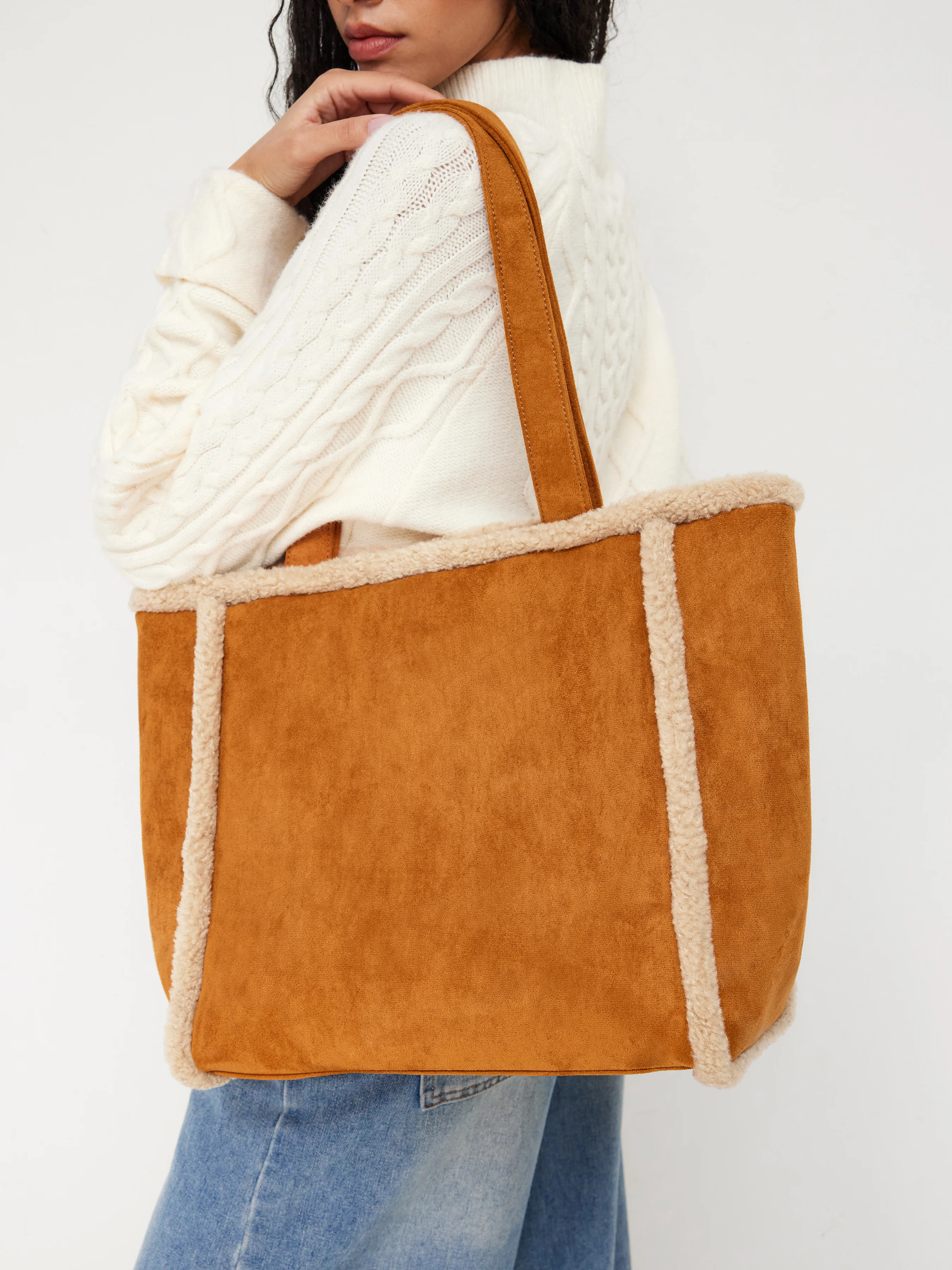 Suede FUR-LOOK TRIM SUEDE TOTE BAG For School Daily Casual Coffee Shop Work | Cider