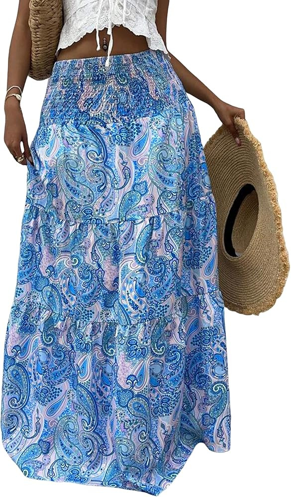 ZAFUL Women’s Summer Boho Maxi Skirts Bohemian Print Smocked High Wasited Flowy Tiered Ruffle L... | Amazon (US)