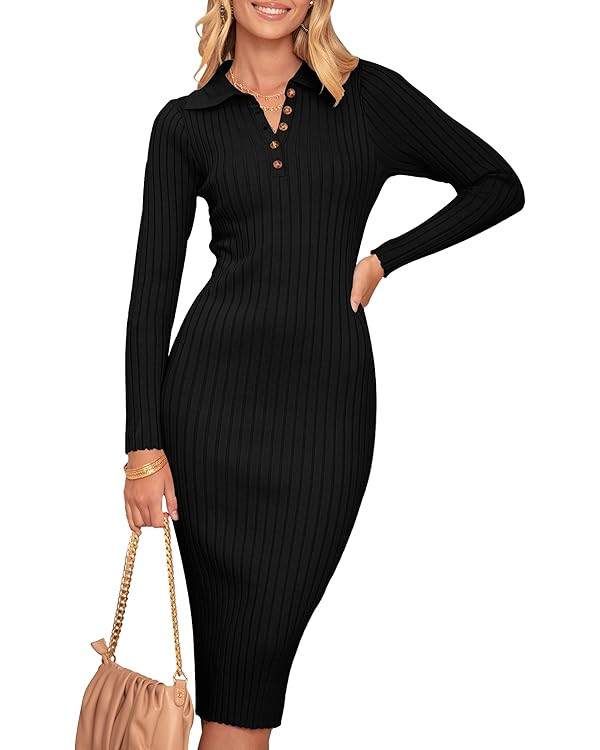 MEROKEETY Womens 2024 V Neck Ribbed Sweater Dress Long Sleeve Bodycon Knit Midi Dresses | Amazon (US)