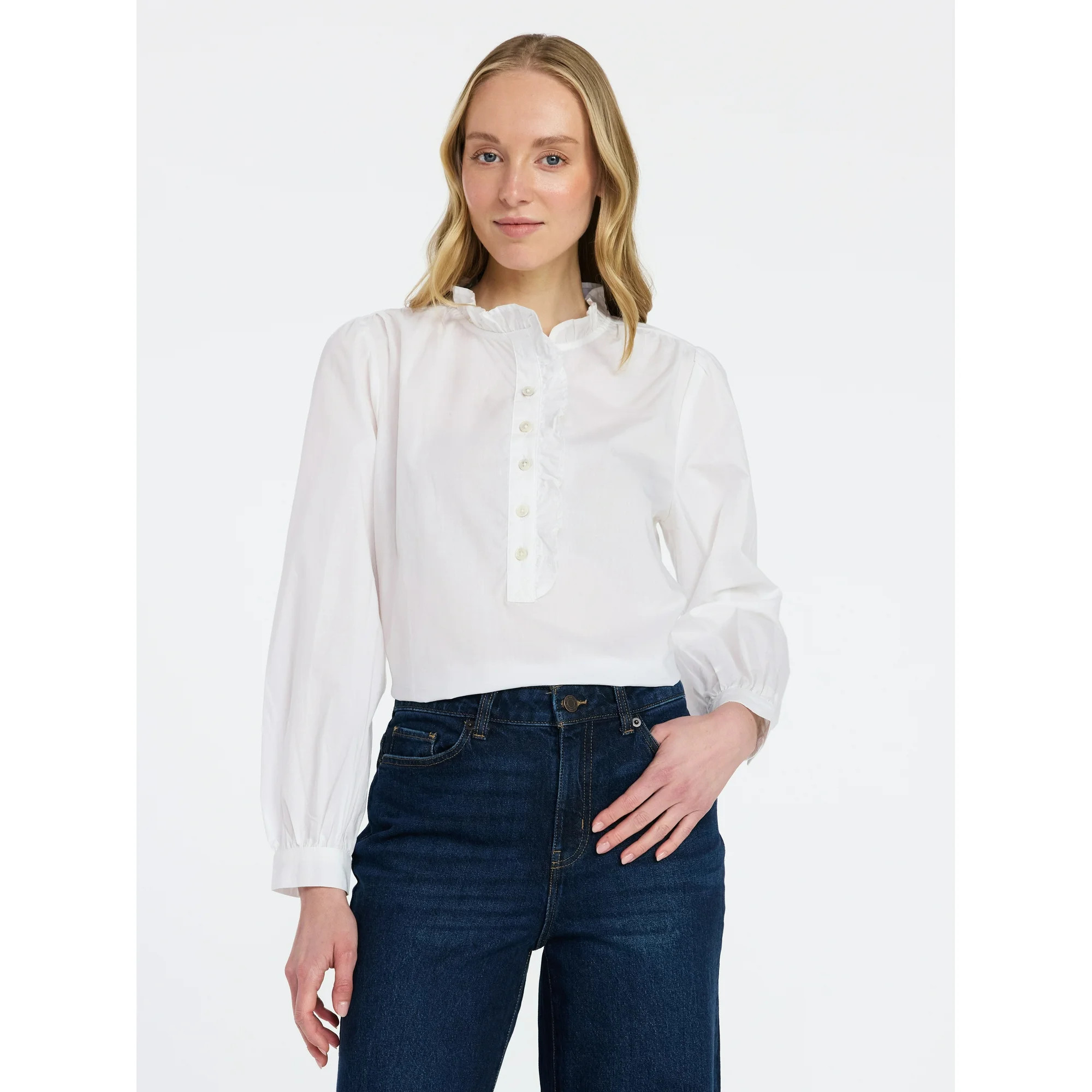 Time and Tru Women's Ruffle Neck Button Front Cotton Shirt with Long Sleeves, Sizes XS-XXXL | Walmart (US)