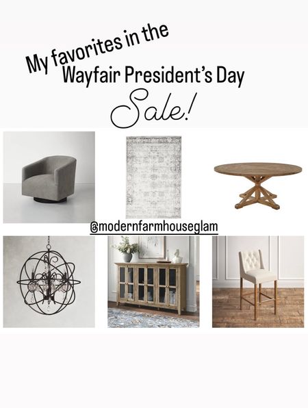 My favorites in the Wayfair President’s Day sale. Modern Farmhouse Glam. 
Swivel chair, chandelier, sideboard table, barstools, round, dining table, hug, home, decor, furniture. 

#LTKFind #LTKSale #LTKhome