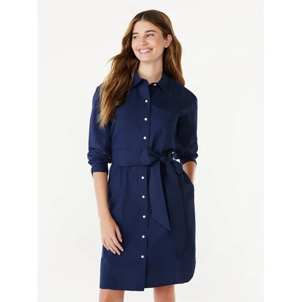 Free Assembly Women's Belted Mini Shirtdress with Long Sleeves, Sizes XS-XXL - Walmart.com | Walmart (US)