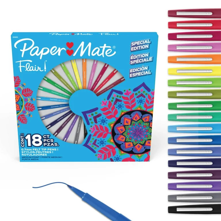 Paper Mate Flair Felt Tip Pens, Medium Point (0.7mm), Assorted Colors, 18 Count - Walmart.com | Walmart (US)