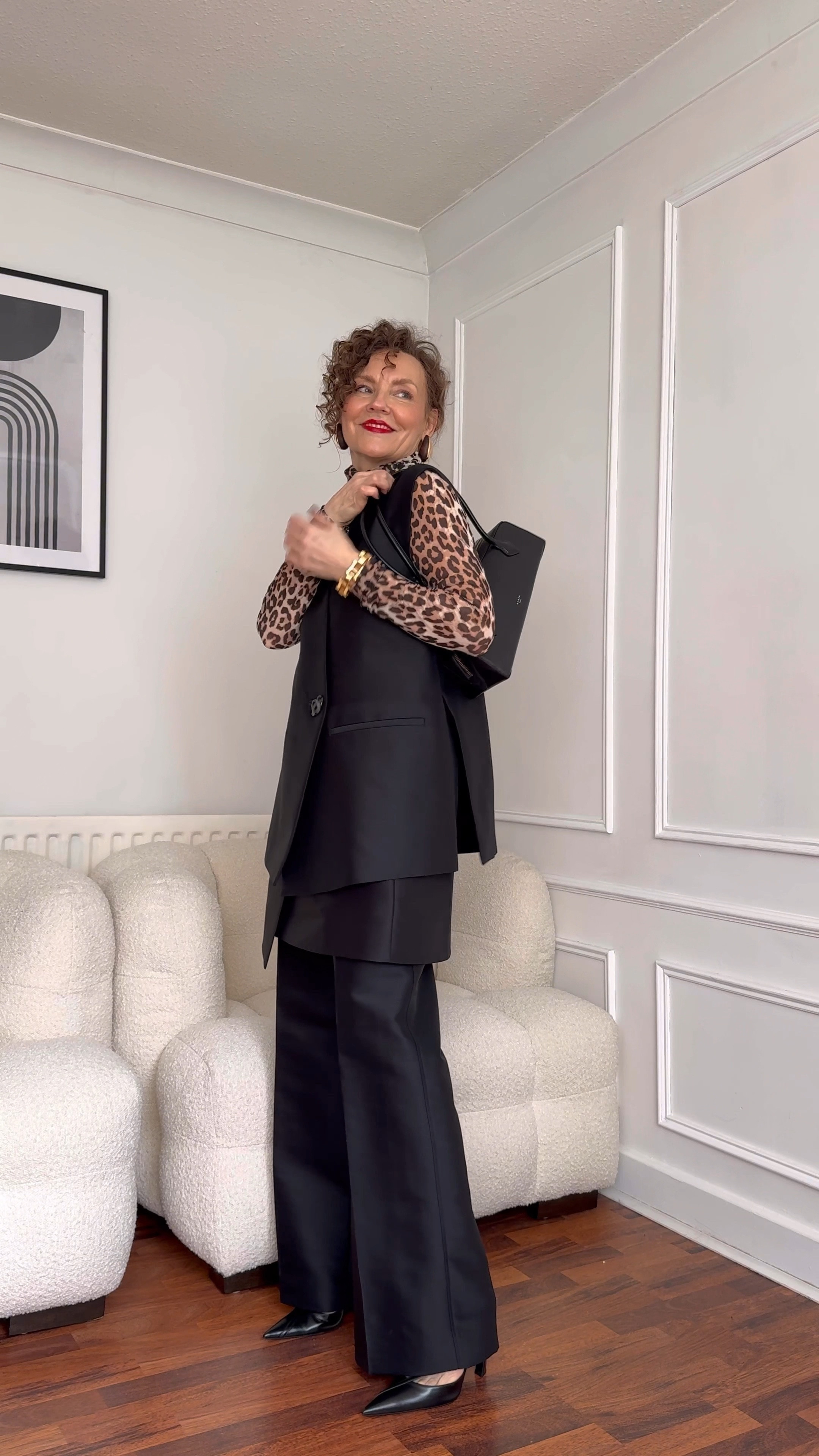 Three piece suit, suit, leopard print, COS, Alaia, spring outfit, spring fashion, black waistcoat, tailored trousers, spring outfit ideas, over 40, over 50, style inspiration, spring fashion, cat eye sunglasses 

#LTKeurope #LTKVideo #LTKover40