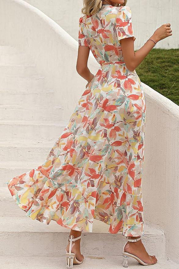 PRETTYGARDEN Women's Summer Wrap Maxi Dress Casual Boho Floral V Neck Short Sleeve Ruffle Hem Spl... | Amazon (US)