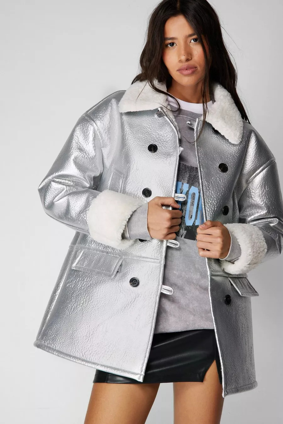 Premium Faux Leather Bonded Metallic Aviator Jacket | Nasty Gal US
