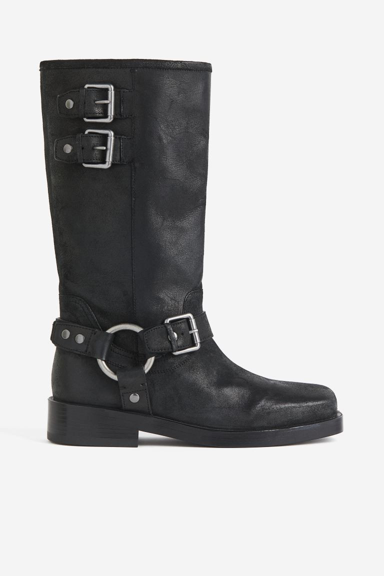Bikerboots aus Veloursleder - Niedriger Absatz - Schwarz - Ladies | H&M DE | H&M (DE, AT, CH, NL, FI)