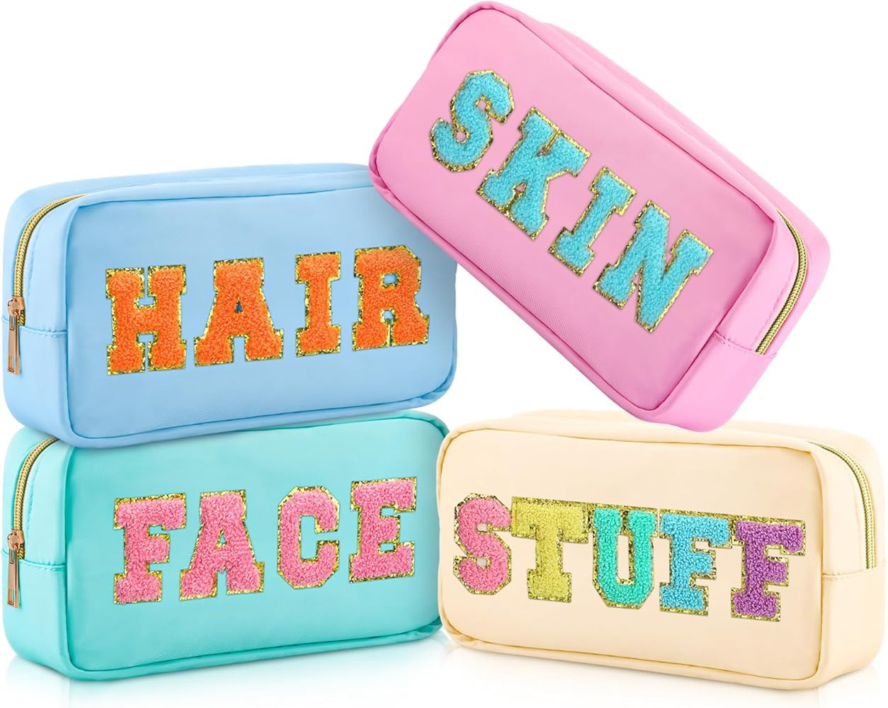 Cunno 4 Pcs Preppy Makeup Bags Chenille Letter Stuff Bag Nylon Cosmetic Pouch Cases with Zipper f... | Amazon (US)