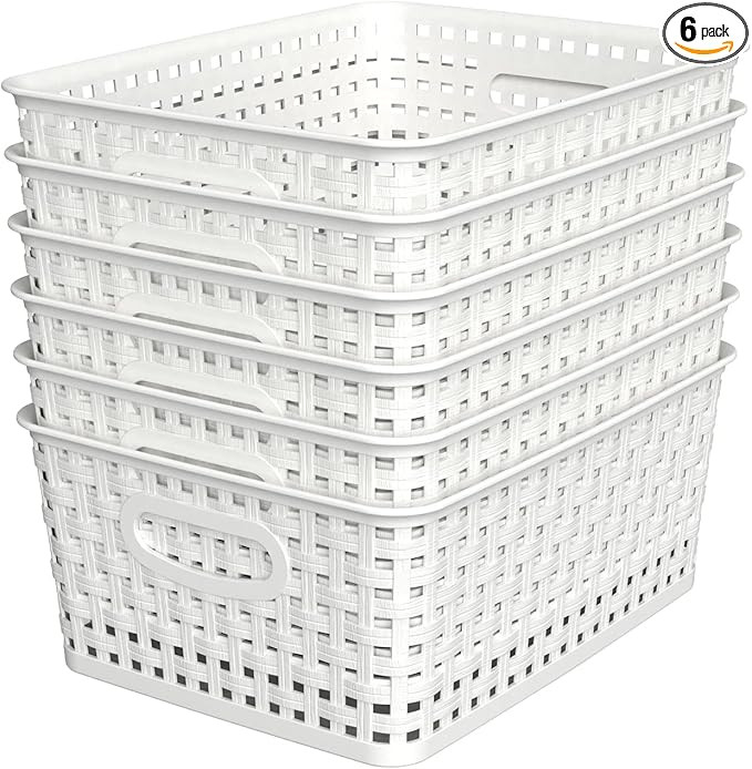 Woven Plastic Storage Baskets, 6 Pack White Weave Bins Organizer, 10.1" x 7.55" x 4.1" | Amazon (US)