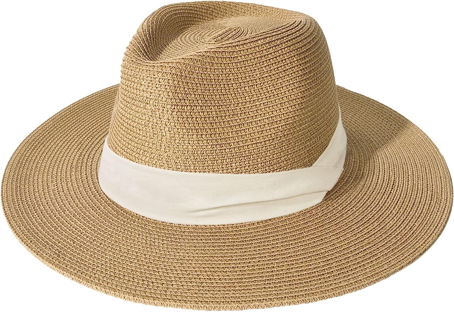 Womens Mens Wide Brim Straw Panama Hat Fedora Summer Beach Sun Hat UPF Straw Hat for Women | Amazon (US)