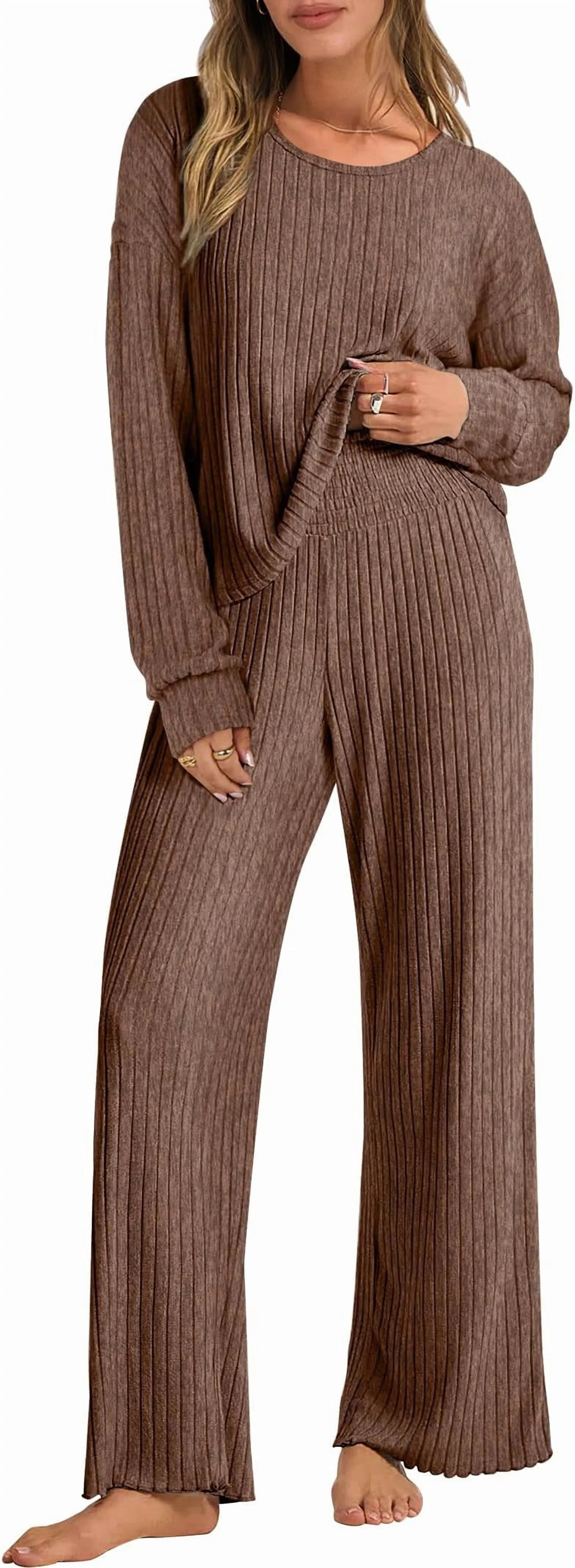Luniro Lounge Sets for Women Fall Pajamas Set Ribbed Knit Long Sleeve Top Pants 2 Piece Outfits | Walmart (US)