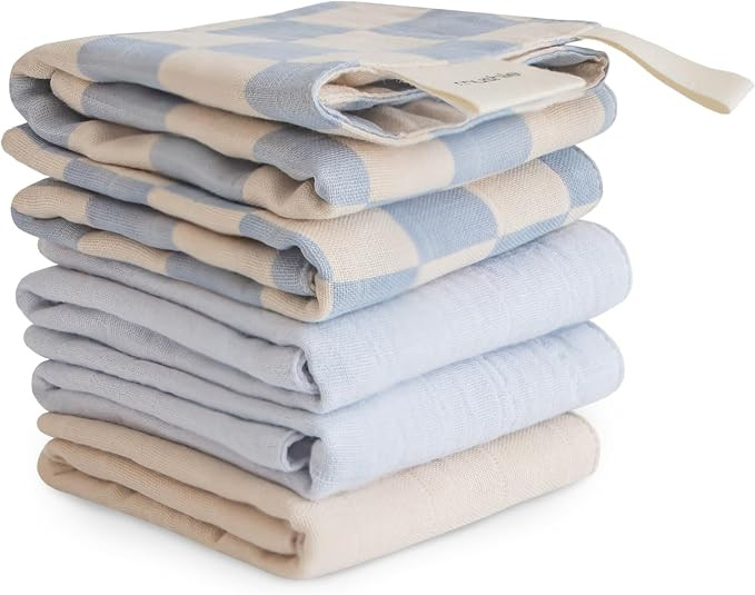 mushie Muslin Organic Cotton Washcloths 5-Pack (Blue Check Combo) | Soft Wipes for Baby Cleanups ... | Amazon (US)