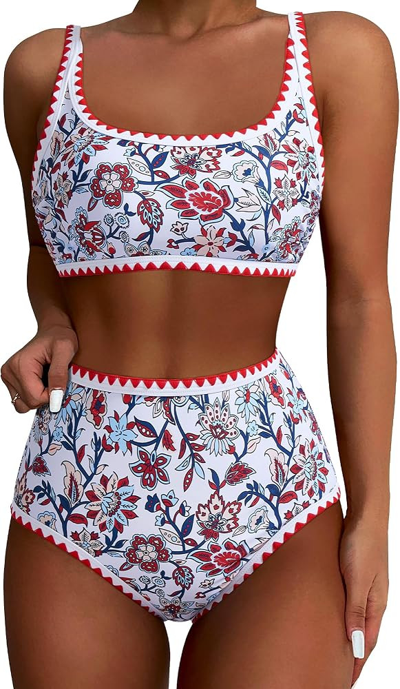 SUUKSESS Women High Waisted Bikini Set Floral Print Color Block 2 Piece Swimsuit | Amazon (US)