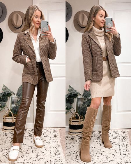 Brown / Tan Houndstooth Blazer | White Button-Down Shirt | Brown Faux Leather Pants | White Loafers | Tan Sweater Dress | Knee-High Boots

#LTKstyletip #LTKSeasonal #LTKunder50