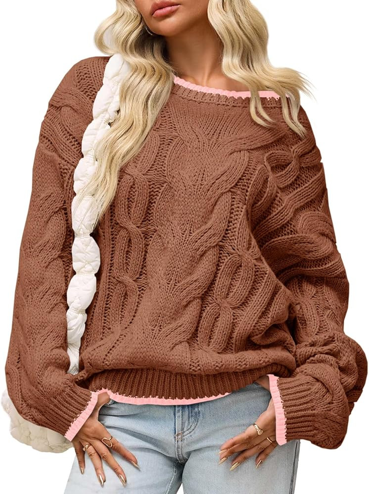 Saodimallsu Womens Oversized Sweater Casual Cable Knit Color Block Crewneck Pullover 2025 Fall Wi... | Amazon (US)