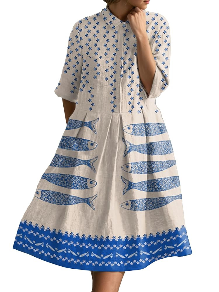 Women Boho Floral Print Pleated Linen Shirt Dress Short Sleeve Button A Line Swing Loose Summer C... | Amazon (US)