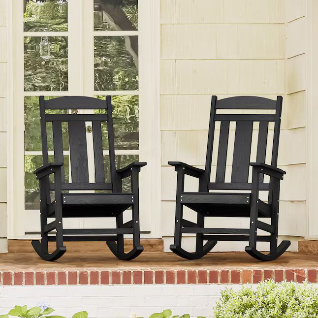 LUE BONA The Adirondack Set of 2 Black Plastic Frame Stationary Rocking Chair with Black Slat Sea... | Lowe's