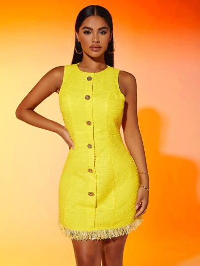 SHEIN 1pc Fringe Trim Single Breasted Tweed Fitted Dress | SHEIN