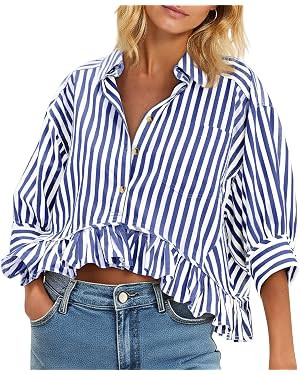 Cicy Bell Womens Cropped Striped Button Down Shirts Ruffle 3/4 Length Sleeve Summer Tops Dressy C... | Amazon (US)