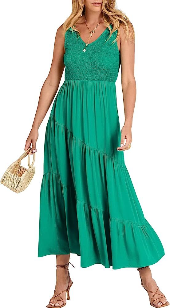 ANRABESS Women's Summer Casual Sleeveless V Neck Smocked Boho Asymmetric Tiered Beach Long Dress ... | Amazon (US)