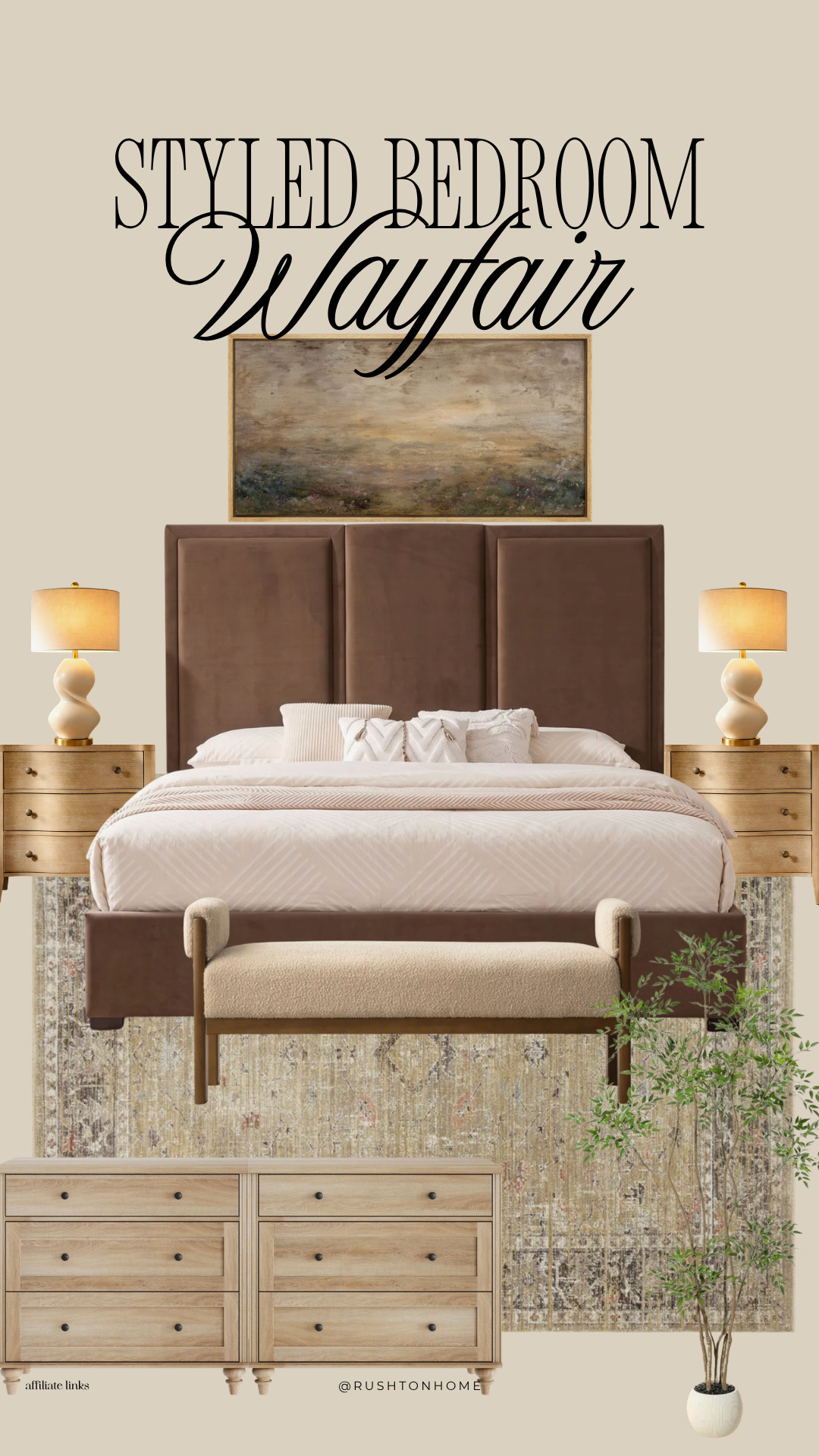 Wayfair bedroom furniture, Wayfair bedroom finds, cozy bedroom decor, warm neutral bedroom, brown bedroom decor, chocolate brown bed, upholstered bed, brown velvet bed, neutral bedding, bedroom styling ideas, bedroom furniture ideas, wood nightstands, wood dresser, bedroom bench, boucle bench, neutral area rug, vintage inspired rug, bedroom wall art, bedside lamps, organic modern bedroom, transitional bedroom decor, warm wood bedroom, cozy neutral home, elevated bedroom decor, designer bedroom inspiration 

 #LTKHome