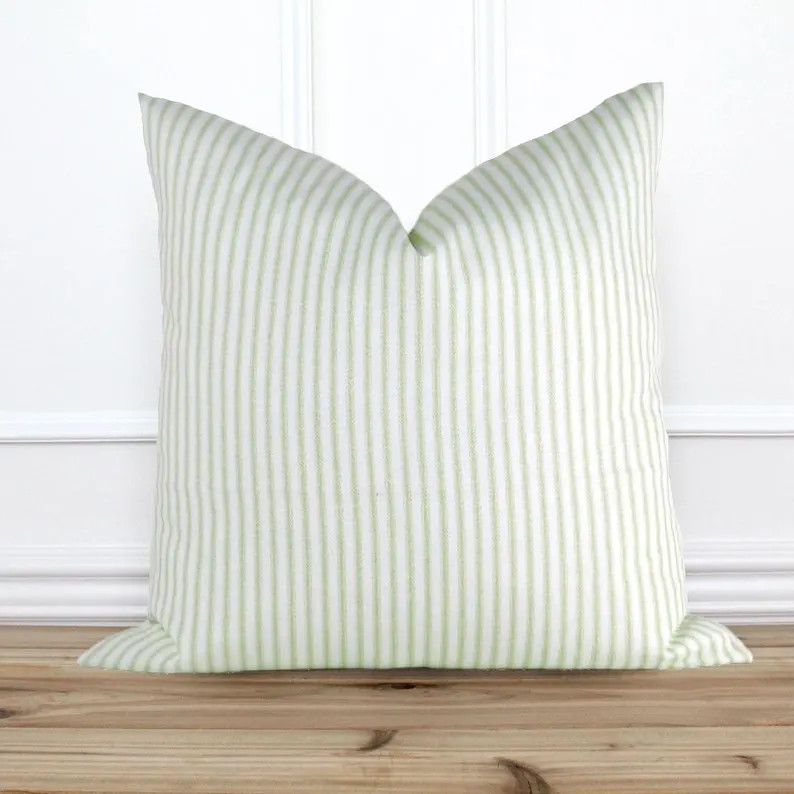 French Ticking Stripe Pillow - Kiwi Green and White - Farmhouse Ticking Stripe Pillow Cover - Cot... | Etsy (US)