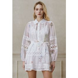 Botanical Print Cutwork Lace Panelled Organza Mini Dress | Chicwish