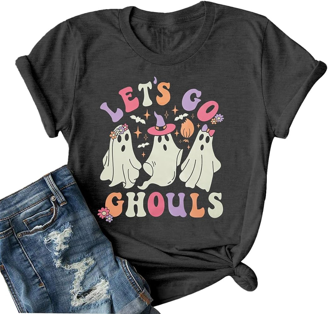 FLOYU Women Let's Go Ghouls Shirt Spooky Season T-Shirt Halloween Ghost Tops Casual Fall Hallowee... | Amazon (US)