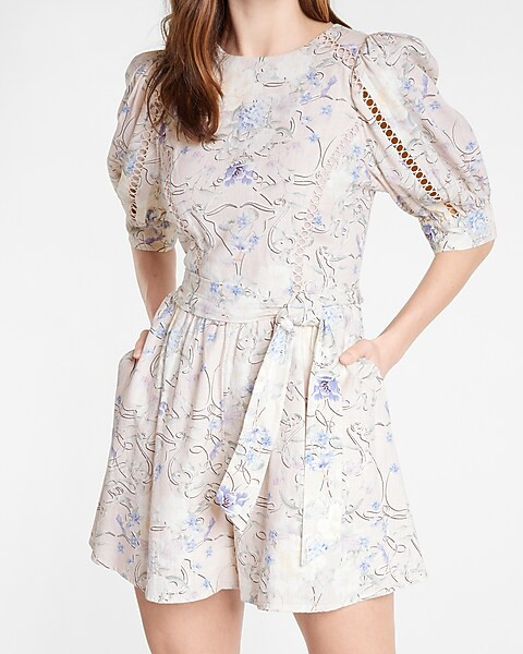 Floral Puff Shoulder Tie Waist Romper | Express