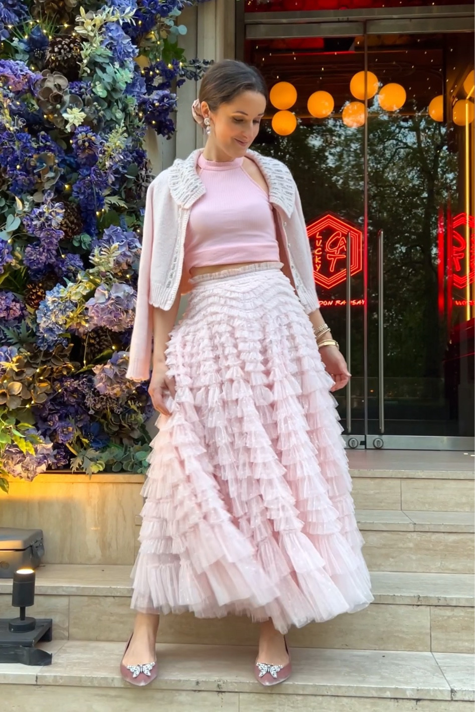 Ballerina vibes for dinner in Mayfair, London in a pink tulle maxi skirt, pink tank and embellished pink knit cardigan. Butterfly shoes are by Aruna Seth 🌸🤍 

#LTKstyletip #LTKspring #LTKeurope