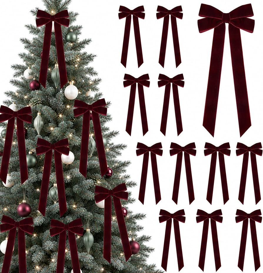 QIANF 12 Pcs Burgundy Velvet Bows 5"x10" Vintage Christmas Tree Decoration | Amazon (US)