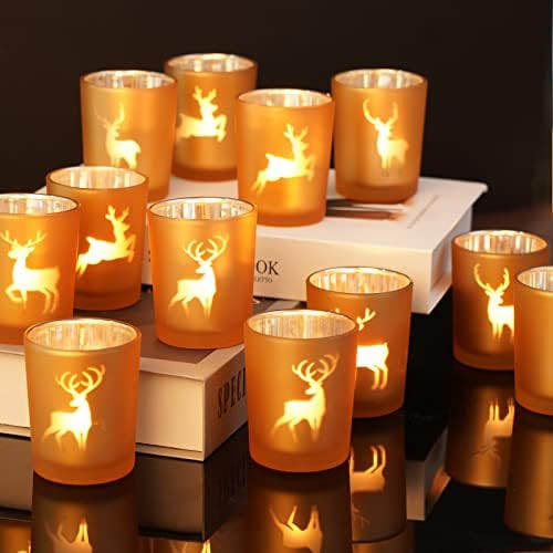 Christmas Votive Tealight Candle Holder: Set of 12 Amber Glass Decorative Mercury Deer Candle Hol... | Amazon (US)