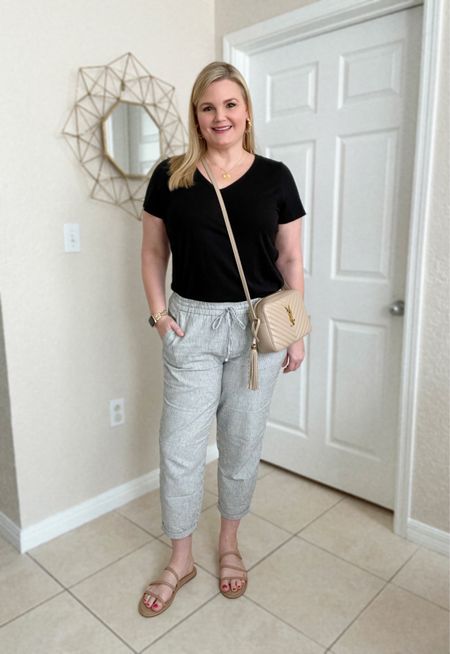 Casual weekend outfit. V-neck tee fits true to size. Wearing large. Linen blend drawstring waist pants fit true to size. Wearing size 12. They do stretch a little as you wear them so I wouldn’t size up. Summer  

#LTKunder50 #LTKSeasonal #LTKstyletip