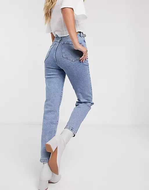 Stradivarius slim mom jean with stretch in washed blue | ASOS (Global)